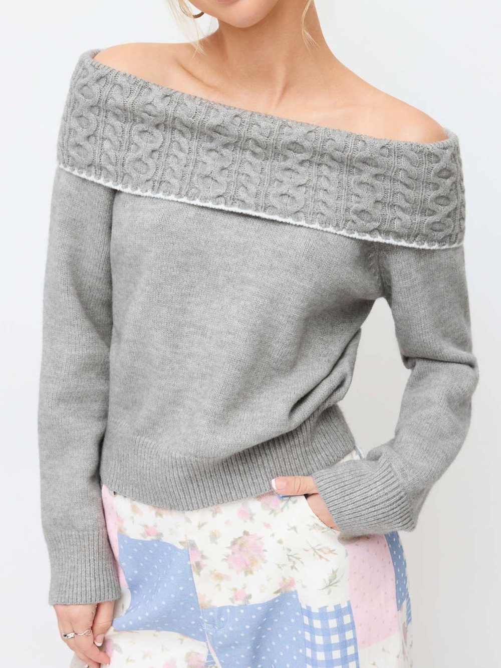 CABLE KNIT OFF-SHOULDER LONG SLEEVE TOP